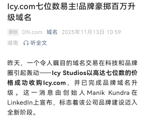 Icy.com七位数易主!品牌豪掷百万升级域名