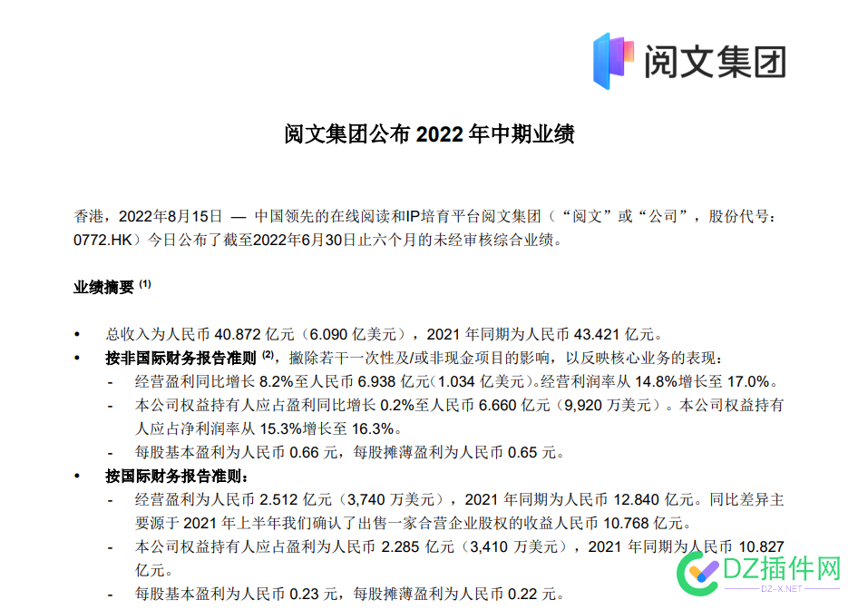 腾讯阅文集团公布2022年中期业绩！营收利润大涨 腾讯,文集,集团,公布,2022年