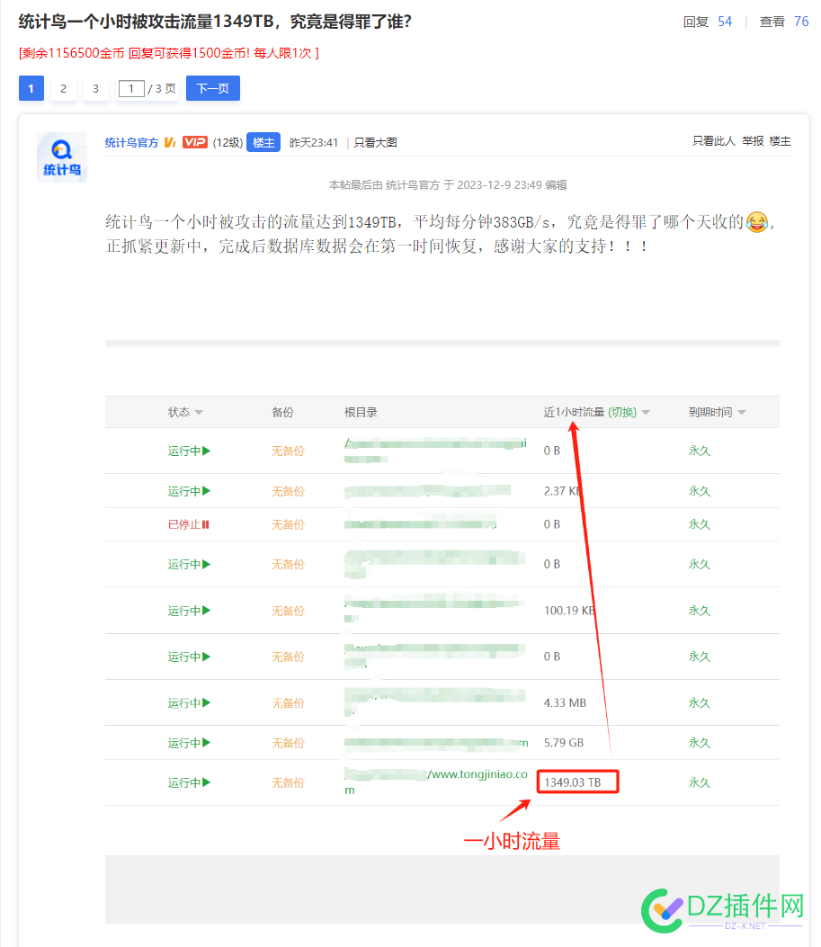 最近出了个《统计鸟》，说被攻击1小时流量1349TB 面板,贴子,TB,1349,29