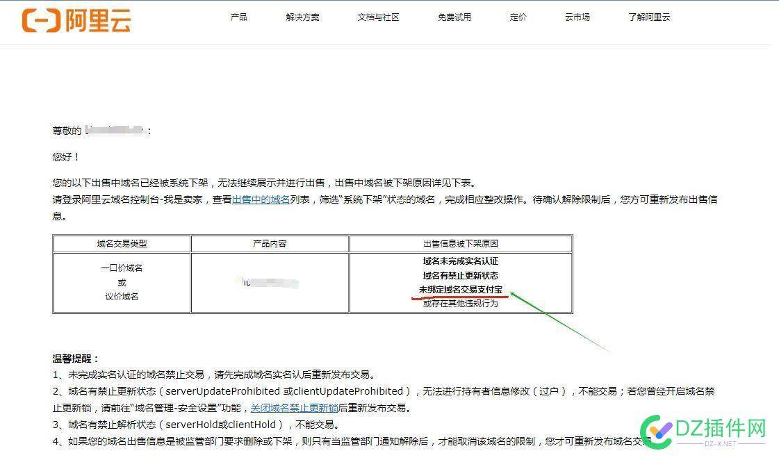 阿里云出售中域名被下架通知，原因之一是这个... 阿里云域名卖