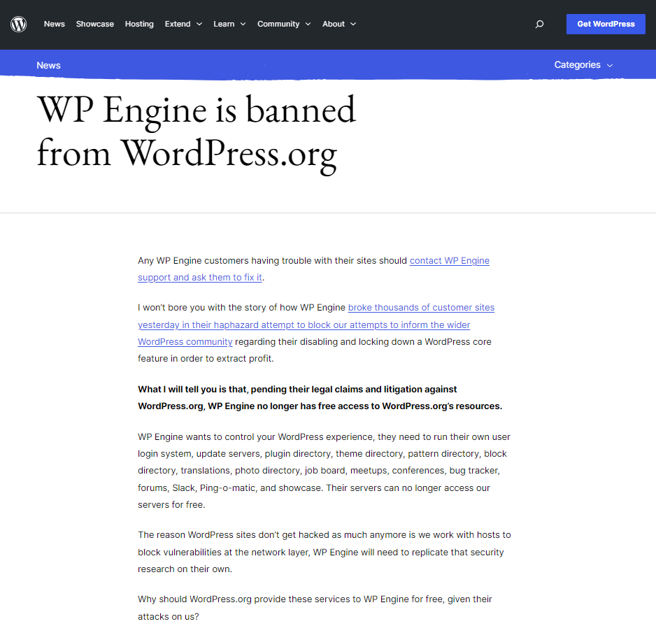 没下限?WP Engine 被 WordPress .org 禁止访问7248 作者: 来源: 发布时间:2024-9-27 07:50